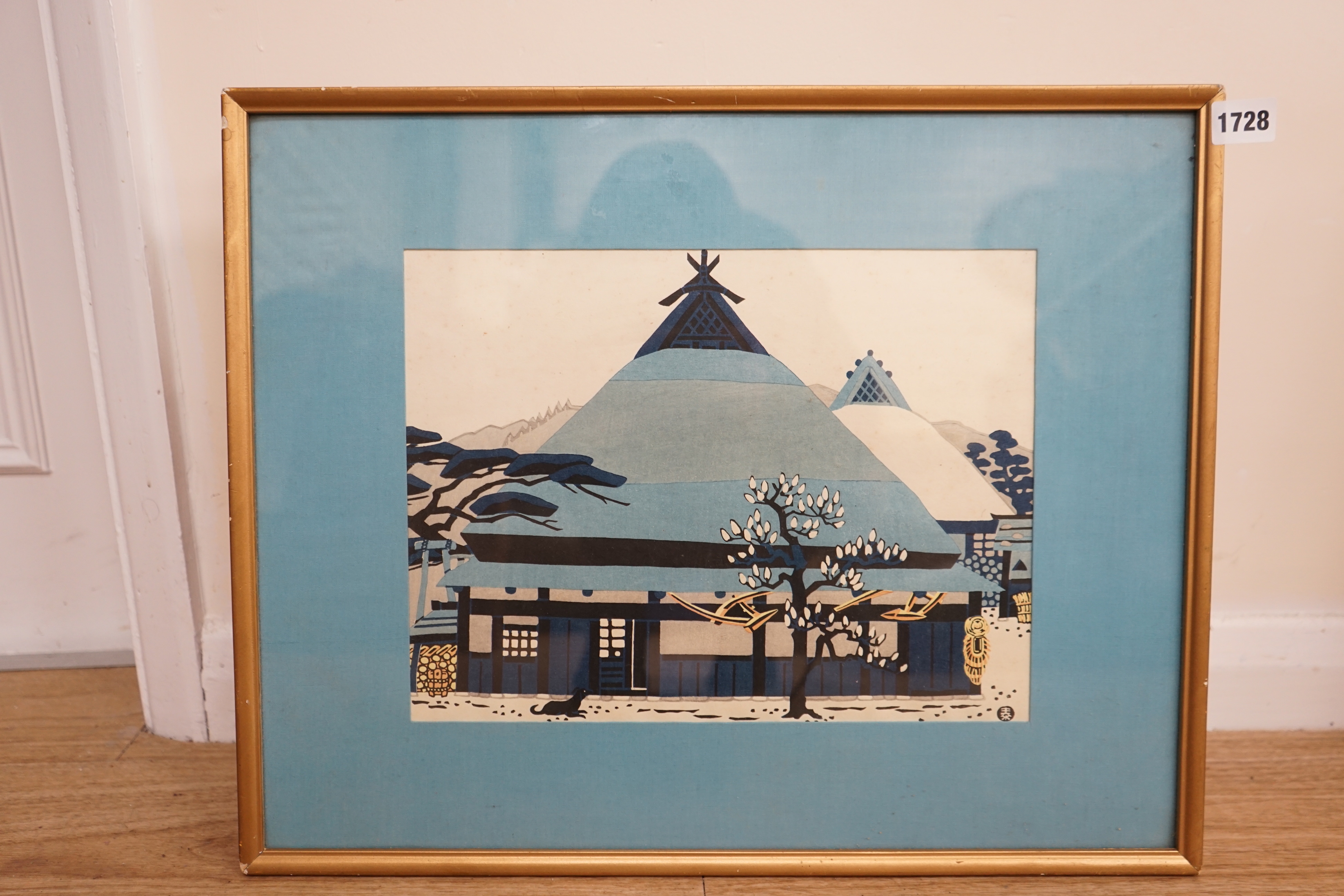 Taizo Minagawa (1917-1975) Japanese woodblock print, ‘Dog and farmhouse in winter’, 25 x 33cm